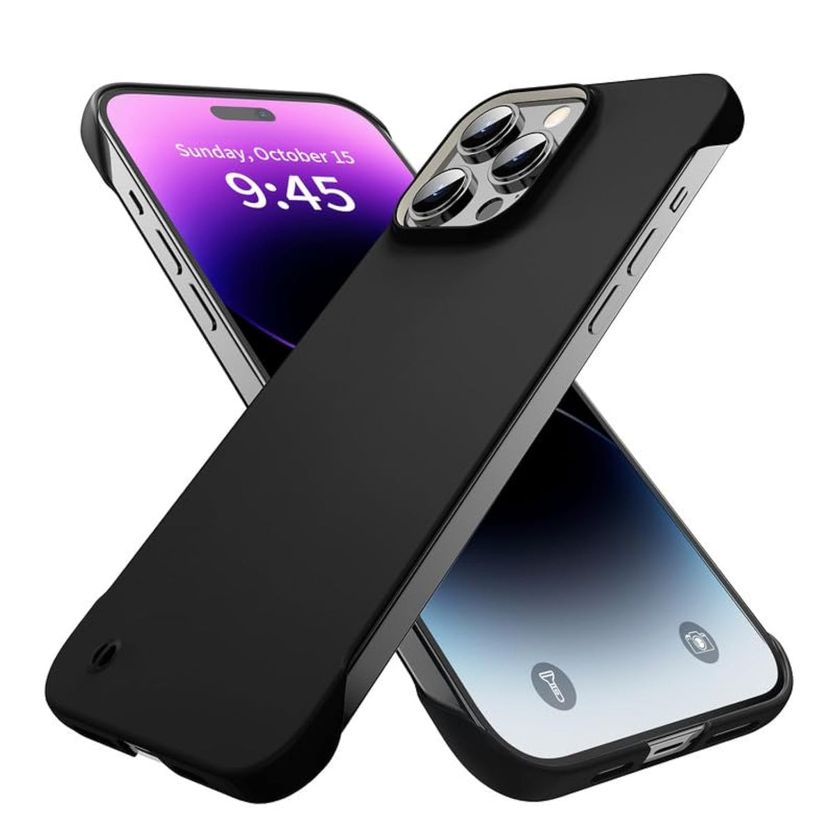 Slim Borderless For Iphone 15 Pro Max Phone Case 6.7"(2023) Ultra-Thin Lightweight Frameless Matte Hard Pc Cover Case With Pull Ring Shockproof Non Slip Rope,Suppor Wireless Charging-Black