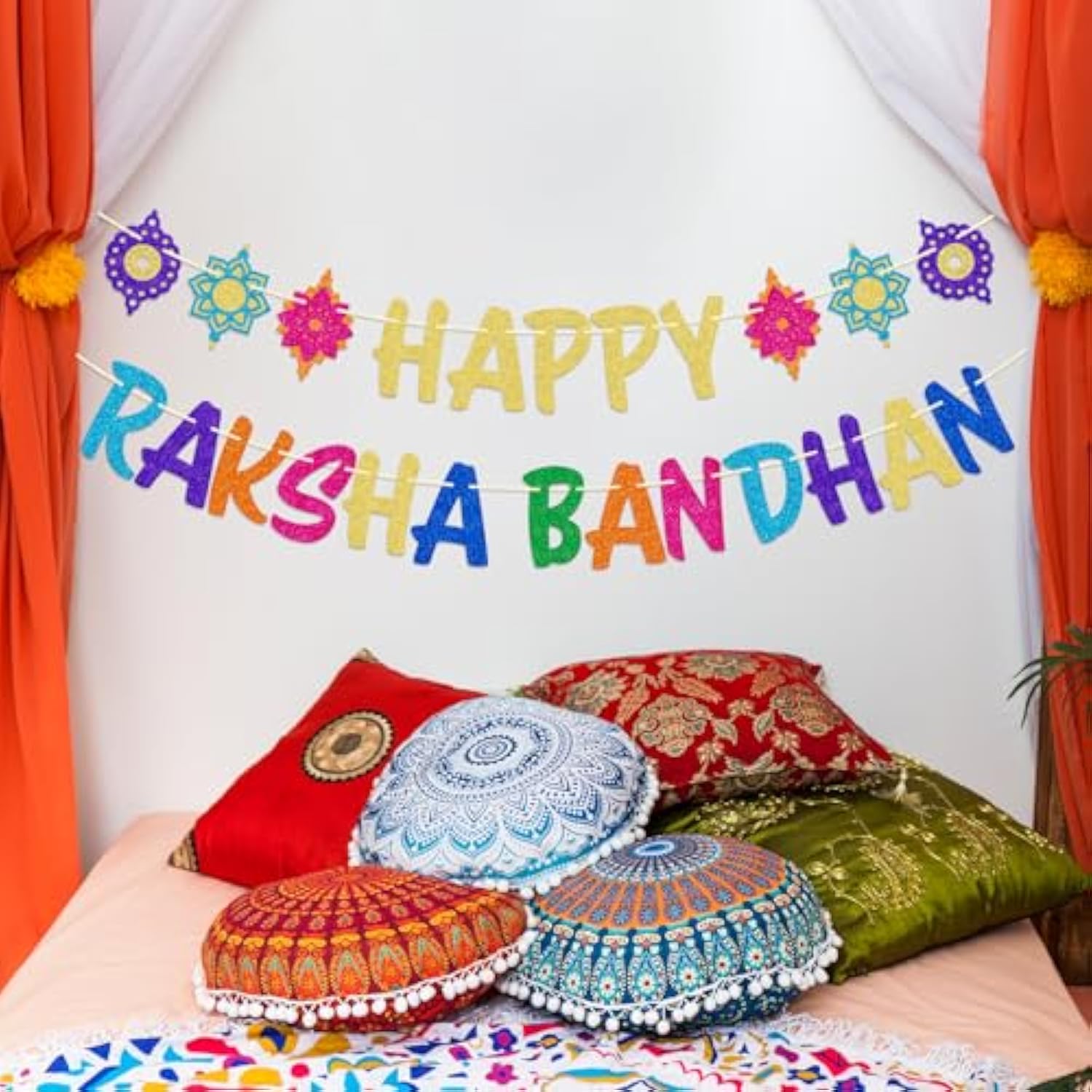 Raksha Bandhan Decorations, Happy Raksha Bandhan Banner, Pre-Strung for Ceremony
