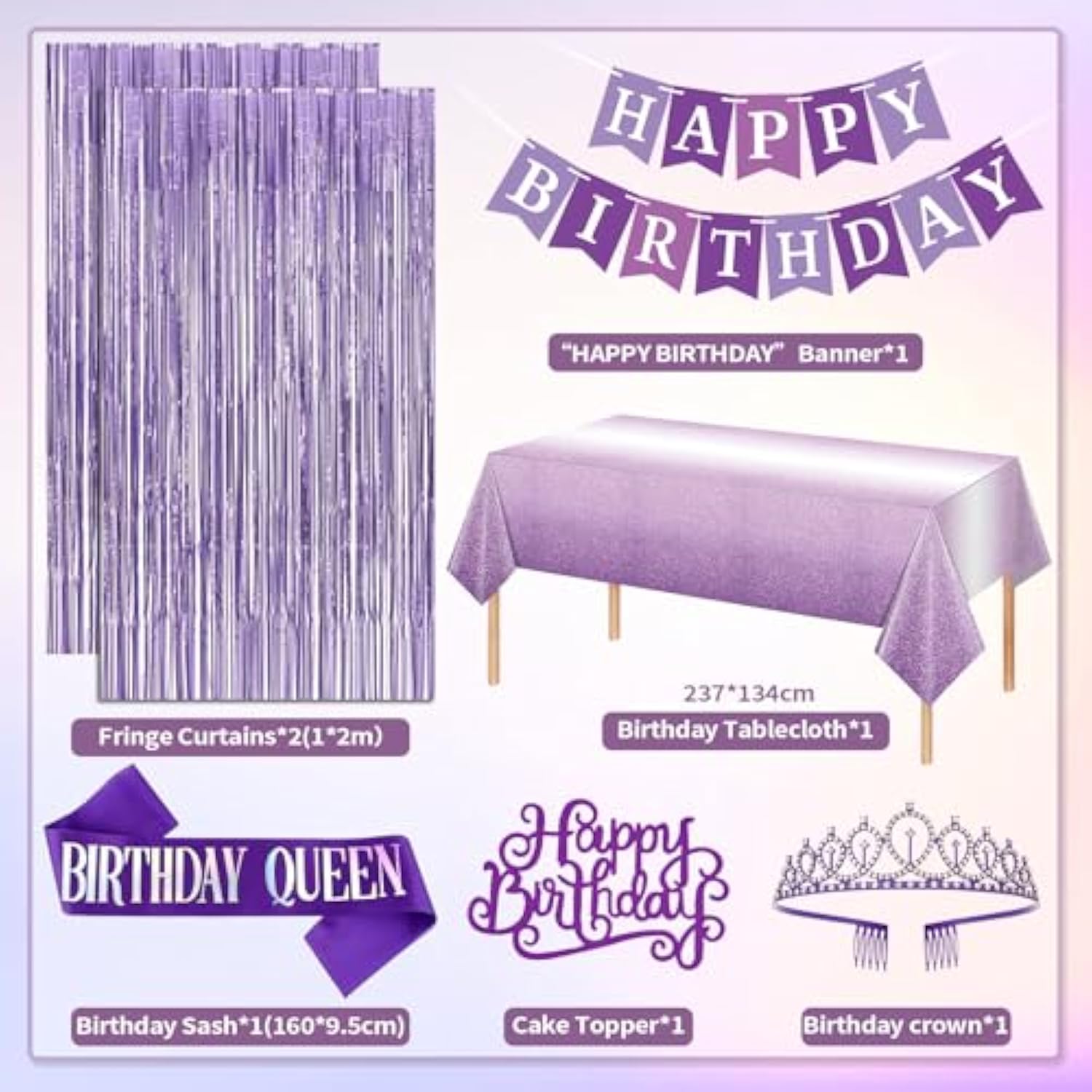 Purple Birthday Decorations, Purple Party Decorations With Balloons Happy Birthday Banner Bday Sash And Crown Tablecloth Fringe Curtain Paper Pom Poms For Women Girls Bday Decor