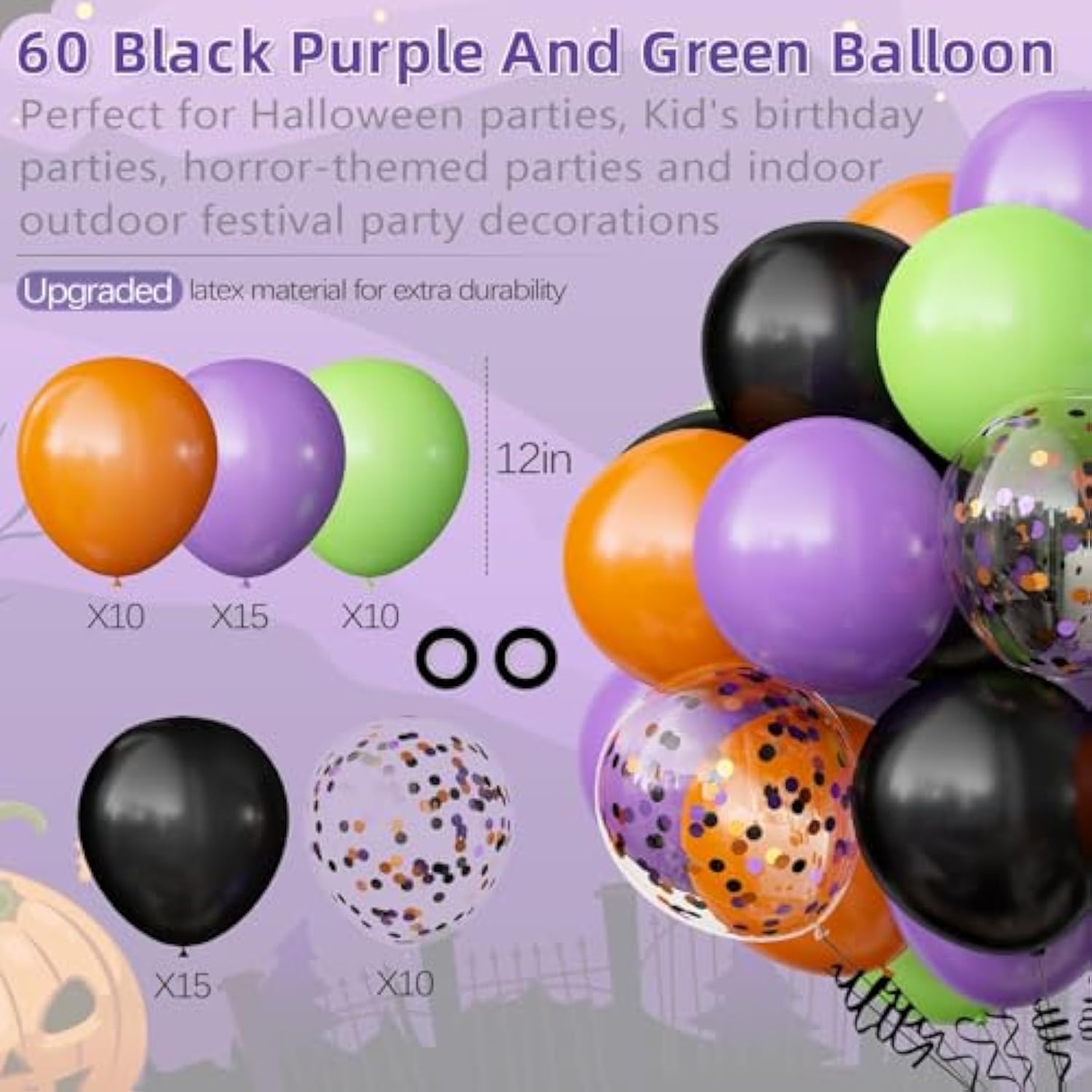 62Pcs Halloween Balloons Set - 12" Black, Orange, Green, Purple & Confetti Party Decor