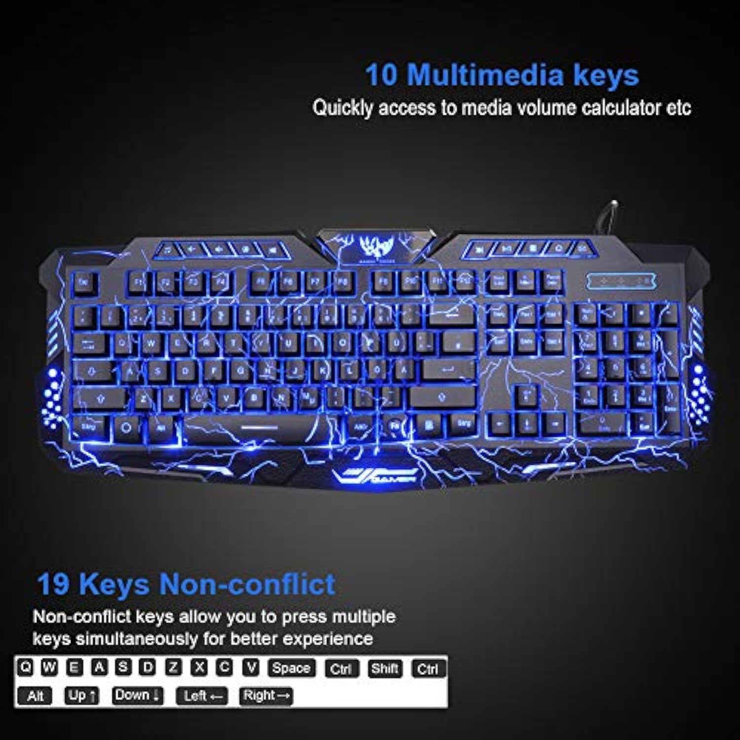 Backlit Gaming Keyboard, Mouse And Led Headset Combo - Usb Wired 3 Color Crack Backlit, Blue Led Light Headset - Set For Work And Game