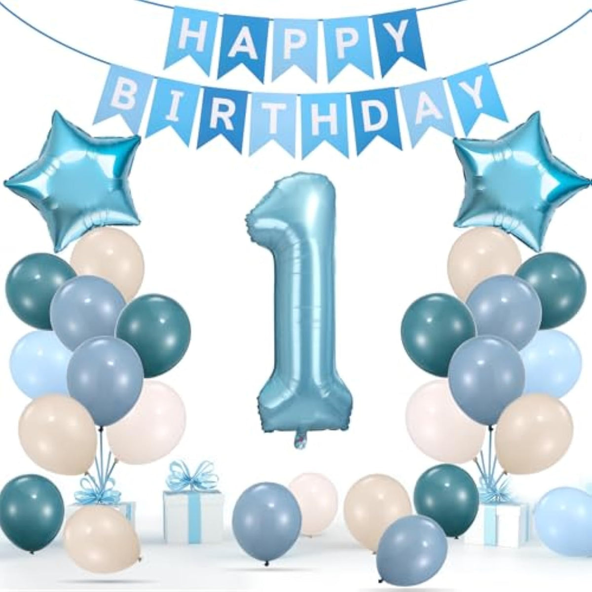 First Birthday Boy Decorations 40in Banner 1 Balloon Number Dusty Blue Balloons