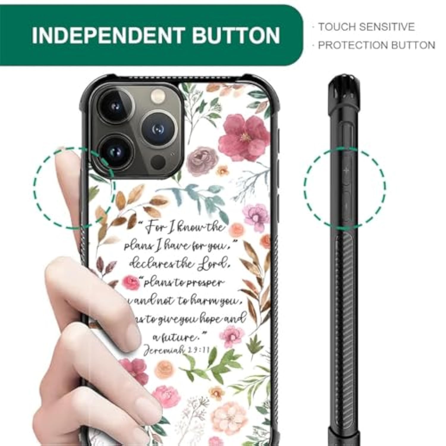 Case For Iphone 16 Pro Max W Bible Verses Floral Inspirational Pattern Design Case For Women Girls Men Soft Tpu Bumper Hard Pc Back Anti-Fall Shockproof Protective Slim Cover