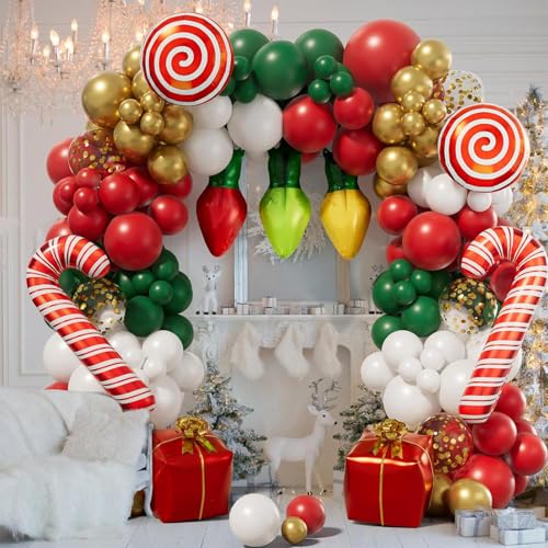 Christmas Balloon Arch Kit 153PCS, Red Green White Gold Balloons Garland with Candy Cane, Gift Box, Light Bulb Foil Balloons, Merry Christmas Party Decorations for Holiday