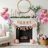 Mother's Day Decoration 16 Inch Rose Gold Happy Mothers Day Banner Letter Balloons with Flower and Butterfly Foil Balloons for Mom Celebration Party Decorations
