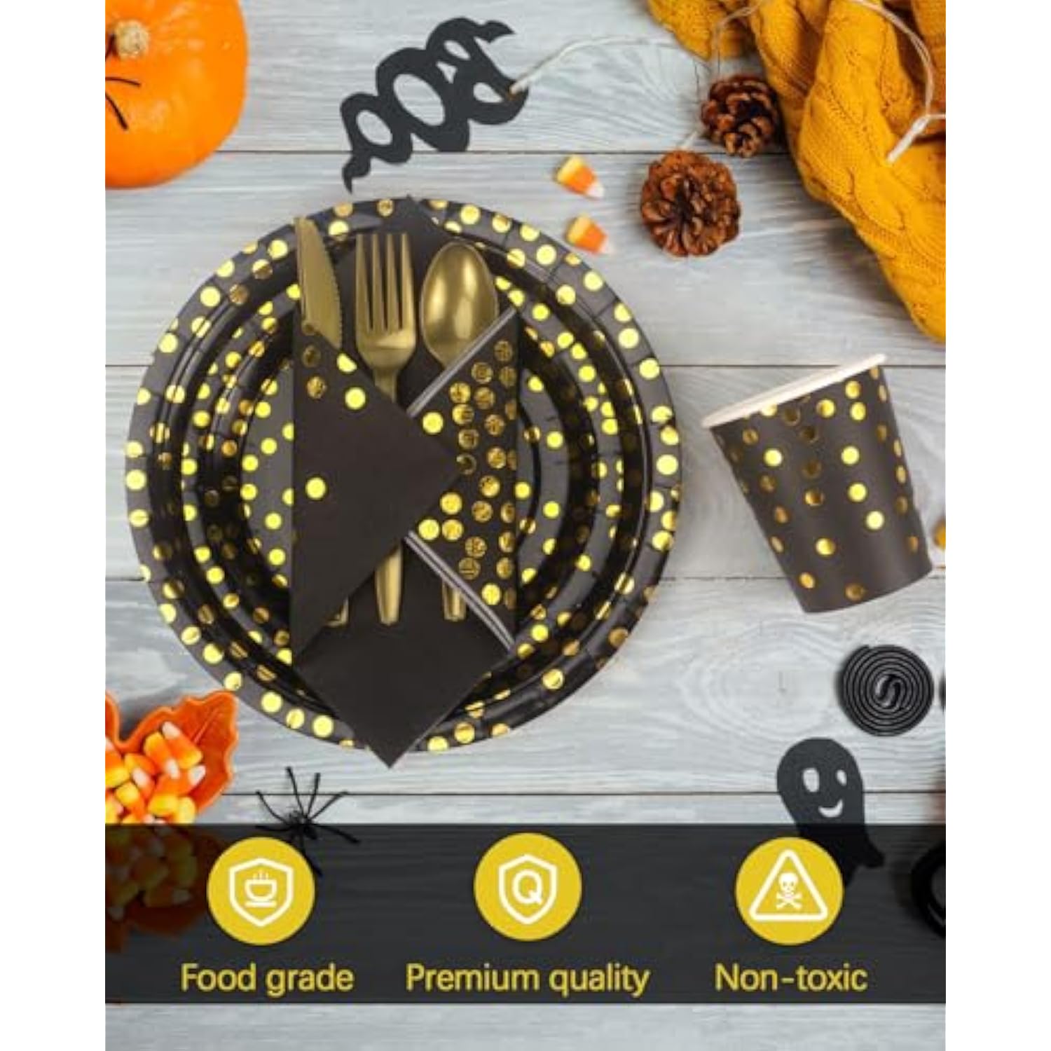 364PCS Black and Gold Party Supplies Dinnerware Set for 52 Guests