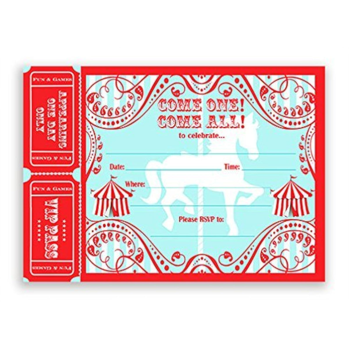 Carousel Large Invitations Ar - 20 Invitations 20 Envelopes - Carnival Invitations - Circus Invitations
