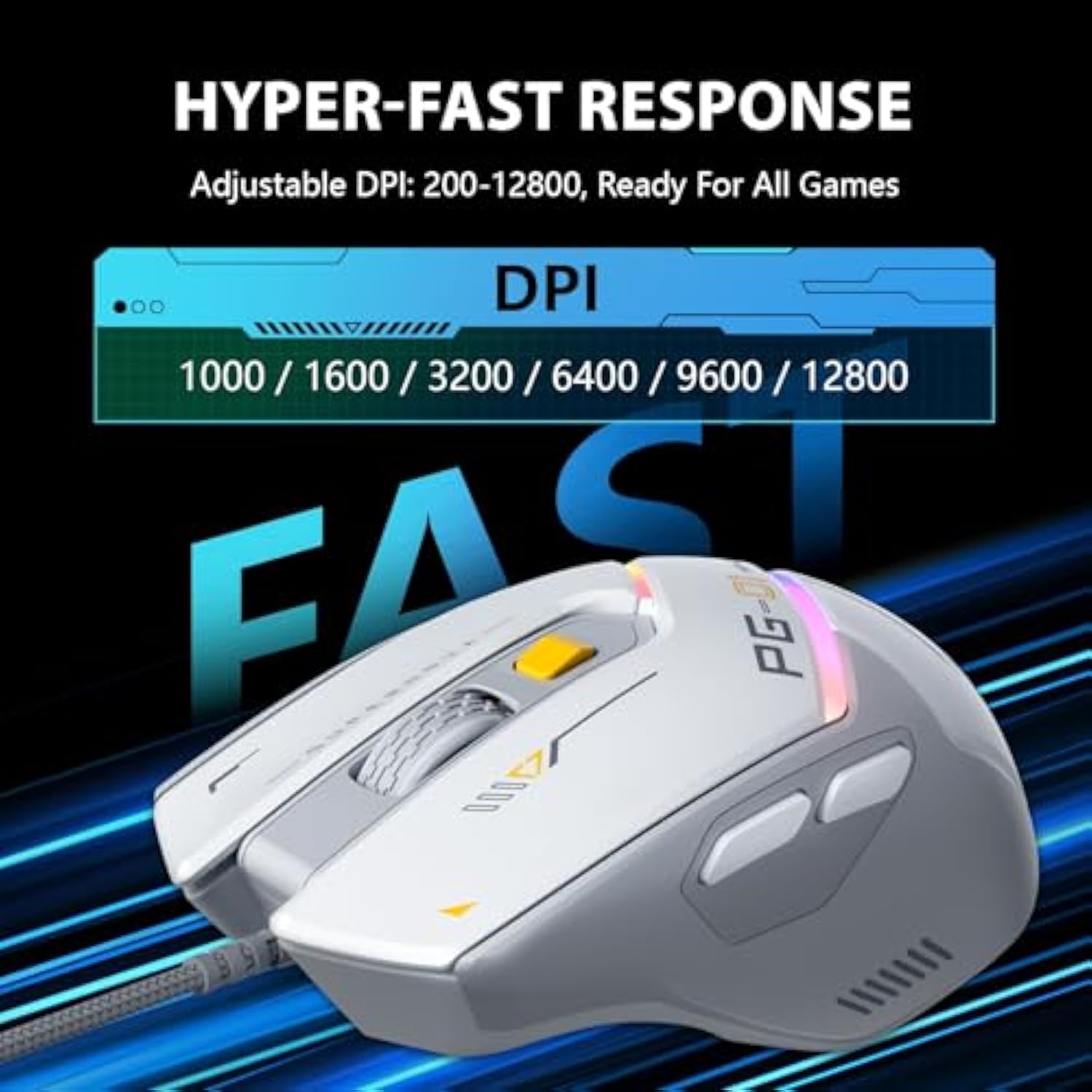 Pg1 Wired Computer Gaming Mouse Ergonomic, 12800 Dpi High-Precision, 6 Programmable Buttons, Rgb Backlit For Gaming - White Gray
