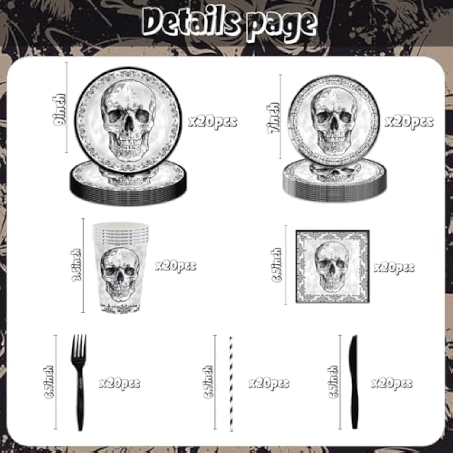 140Pcs Halloween Black Skull Birthday Party Decorations For 20 Guests - Disposable Tableware Skull Party Supplies Plates And Napkins Forks Cups Straws Baby Shower Halloween Birthday Decorations