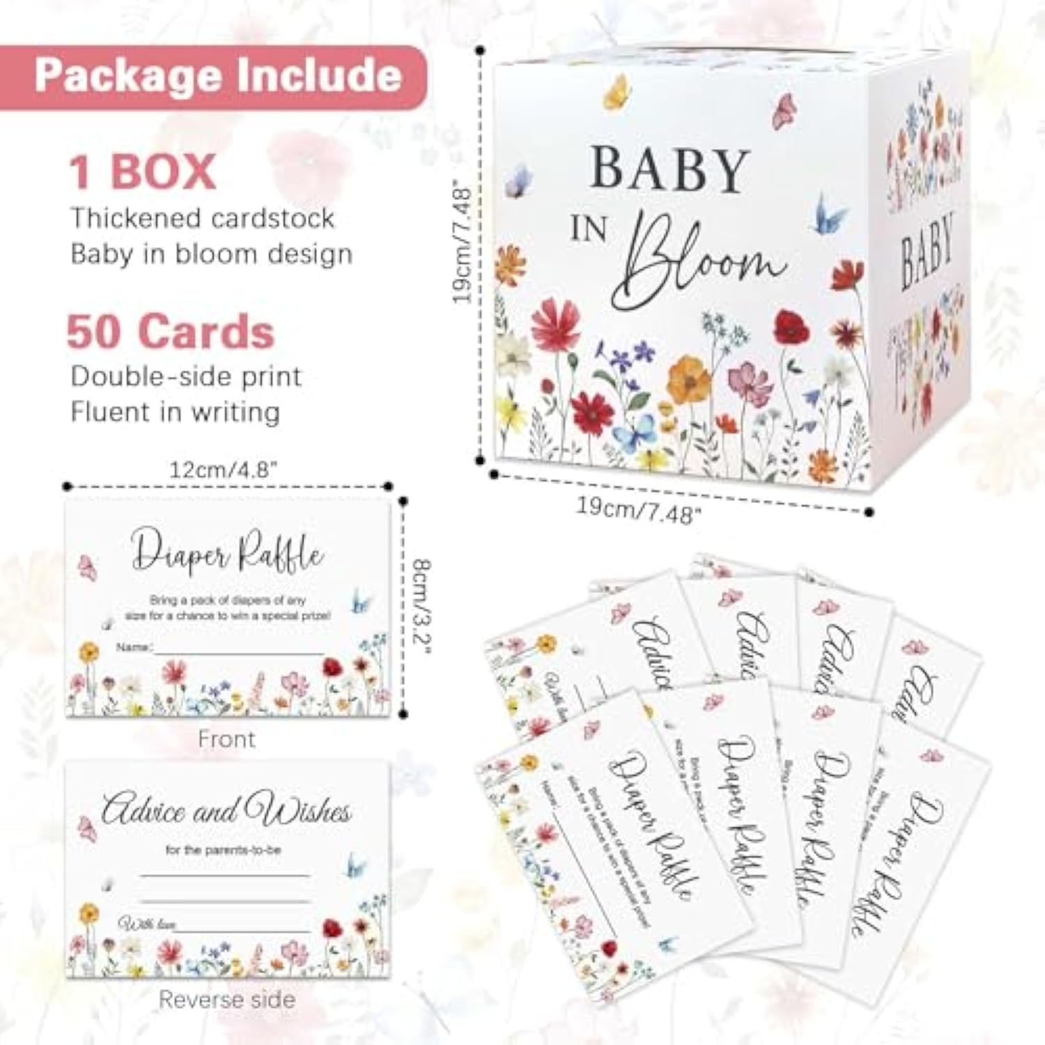 Baby In Bloom Baby Shower Decorations Diaper Raffle Box With 50 Tickets, Girls Wildflower Diaper Raffle Card Box Games Kit