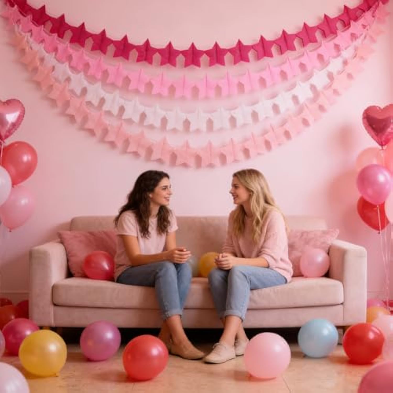Hot-Pink Valentines-Day Party-Decorations Star Garland - Rose Pink White Streamers Hanging Banner Birthday Decor Wedding Baby Bridal Shower Girl Home Party Backdrop Engagement Bachelorette