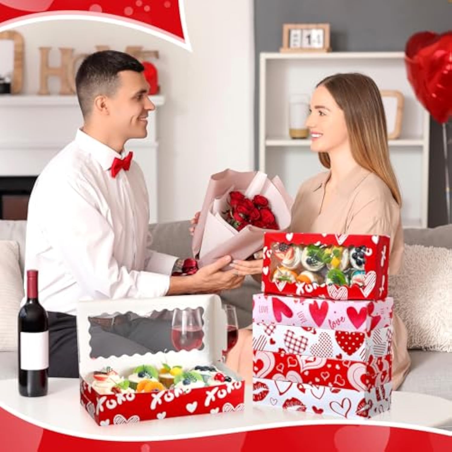 50 Pieces Valentines Cookie Boxes With Window Valentine'S Day Treat Boxes 12'' X 5.5'' X 2.5'' Heart Bakery Red Heart Cupcake Gift Decorations For Wedding Party Favors