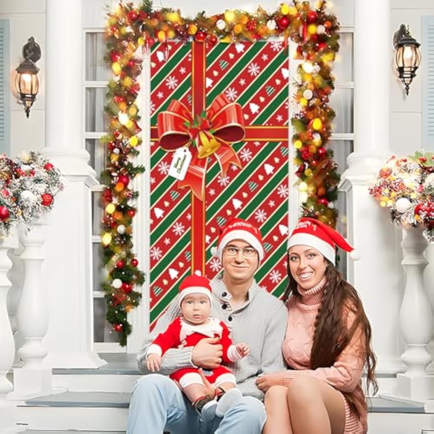 Christmas Door Cover Red Gift Box Merry Christmas Door Cover Banner Photography Background For Winter Xmas Holiday Party Decor, 71 X 35 Inches