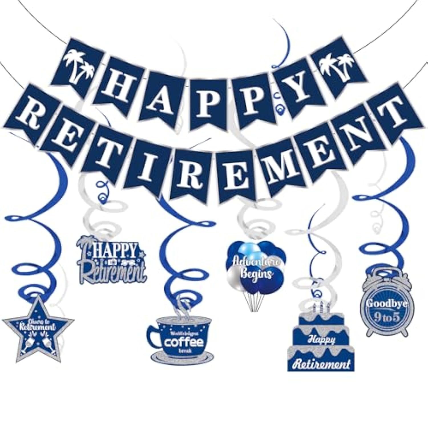 Happy Retirement Party Decorations - Retirement Banner Hanging Swirls Kit For Men Women (Blue)