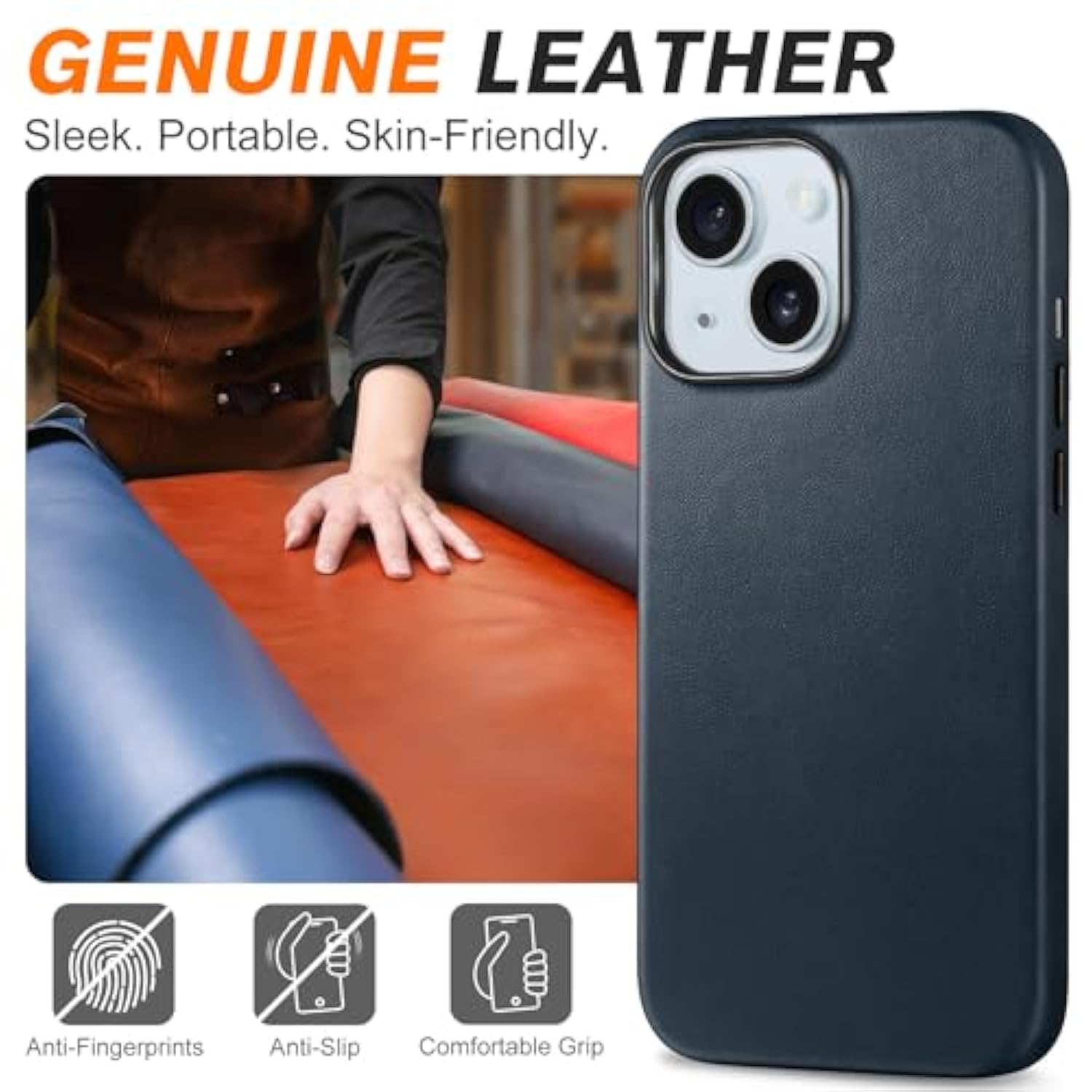 SHIELDON Genuine Leather Case for iPhone 15 2023, Magnetic Wireless Charging Slim Non-Slip Anti-Scratch Shock-Absorbent Phone Case Cover with Metal Buttons Compatible with iPhone 15 6.1" - Navy Blue