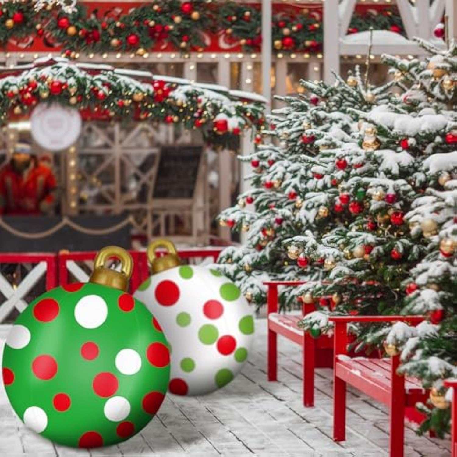 2 Pcs 32 Inch Giant Inflatable Christmas Ornaments Balls Large Pvc Holiday Inflatables Decorated Ball Outdoor Red And Gr