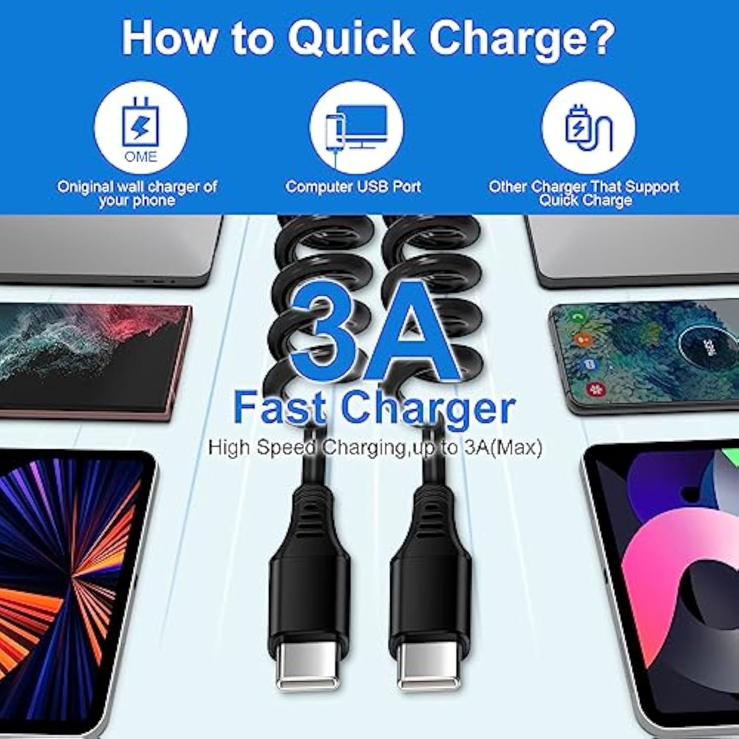 Iphone 17 Air 16E 16 15 Pro Max Charger Cable 3Ft For Car, Coiled Usb C To Usb C Fast Power Charging Cord Short Android Phone Wire For Samsung Galaxy A15 A25 5G A14 A54 S24 S23 Ultra Fe A13 A53