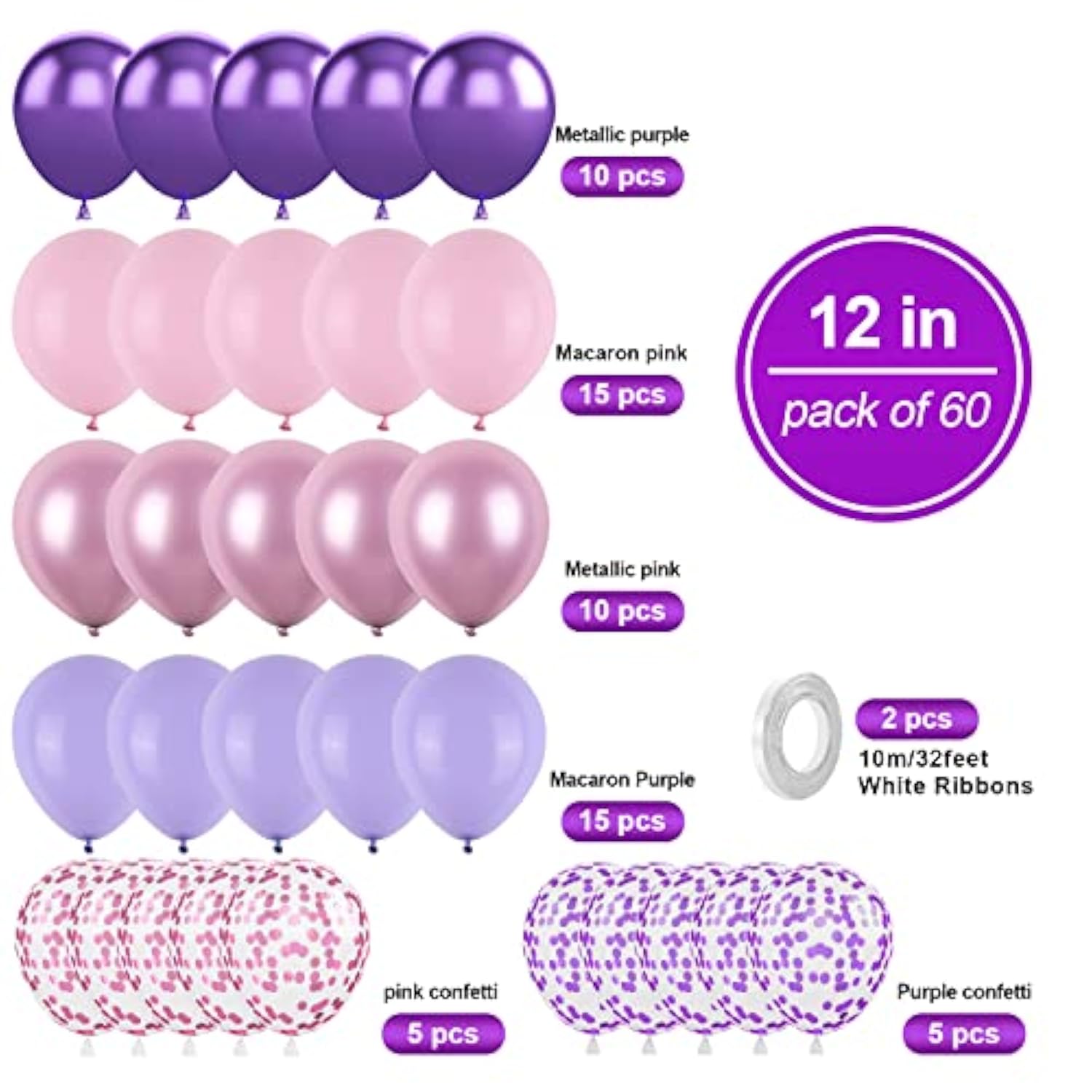 60PCS Pink & Purple Balloons – Confetti and Metallic 12" Latex for Birthday, Baby Shower, Wedding