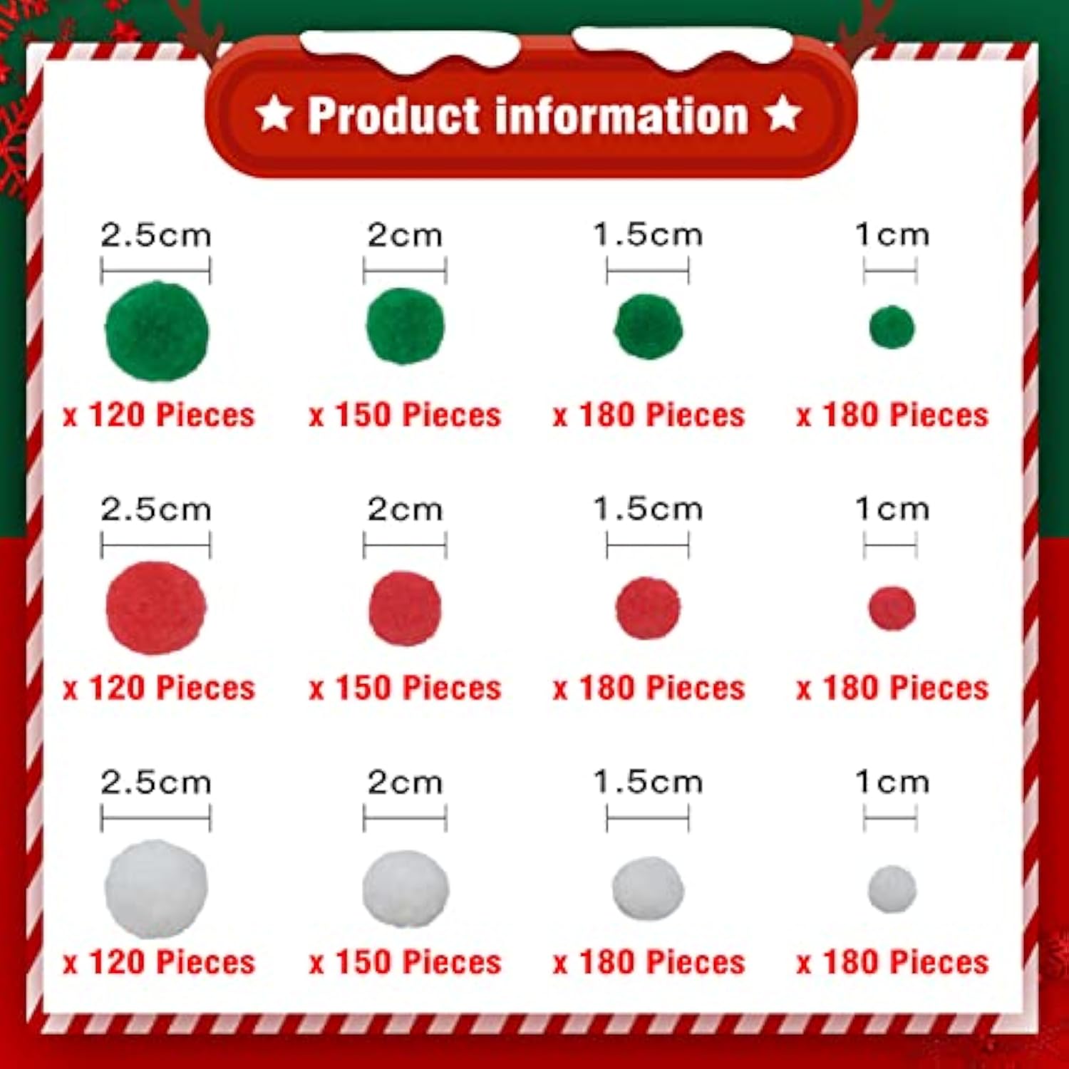 1200 Pieces Christmas Pom Pom Fluffy Pom Poms Mini Pom Balls For Craft Making And Christmas Decorations (4 Sizes, White, Green, Red)