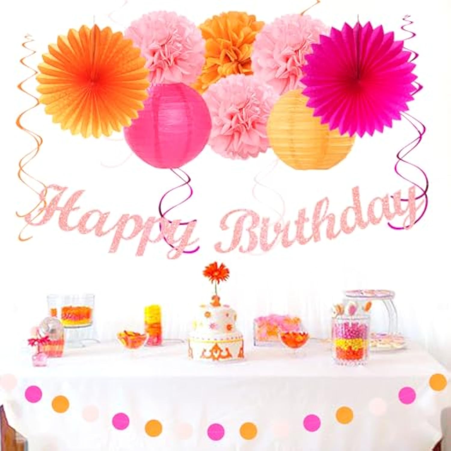 Hot-Pink Orange 21St Happy-Birthday Party-Decorations - 31Pcs Sweet 16 18Th Women Girls Paper Lanterns Streamers Banner,Tissue Pom Poms Fans Tassels Graland Decor,Fall Boho Backdrop Supplies