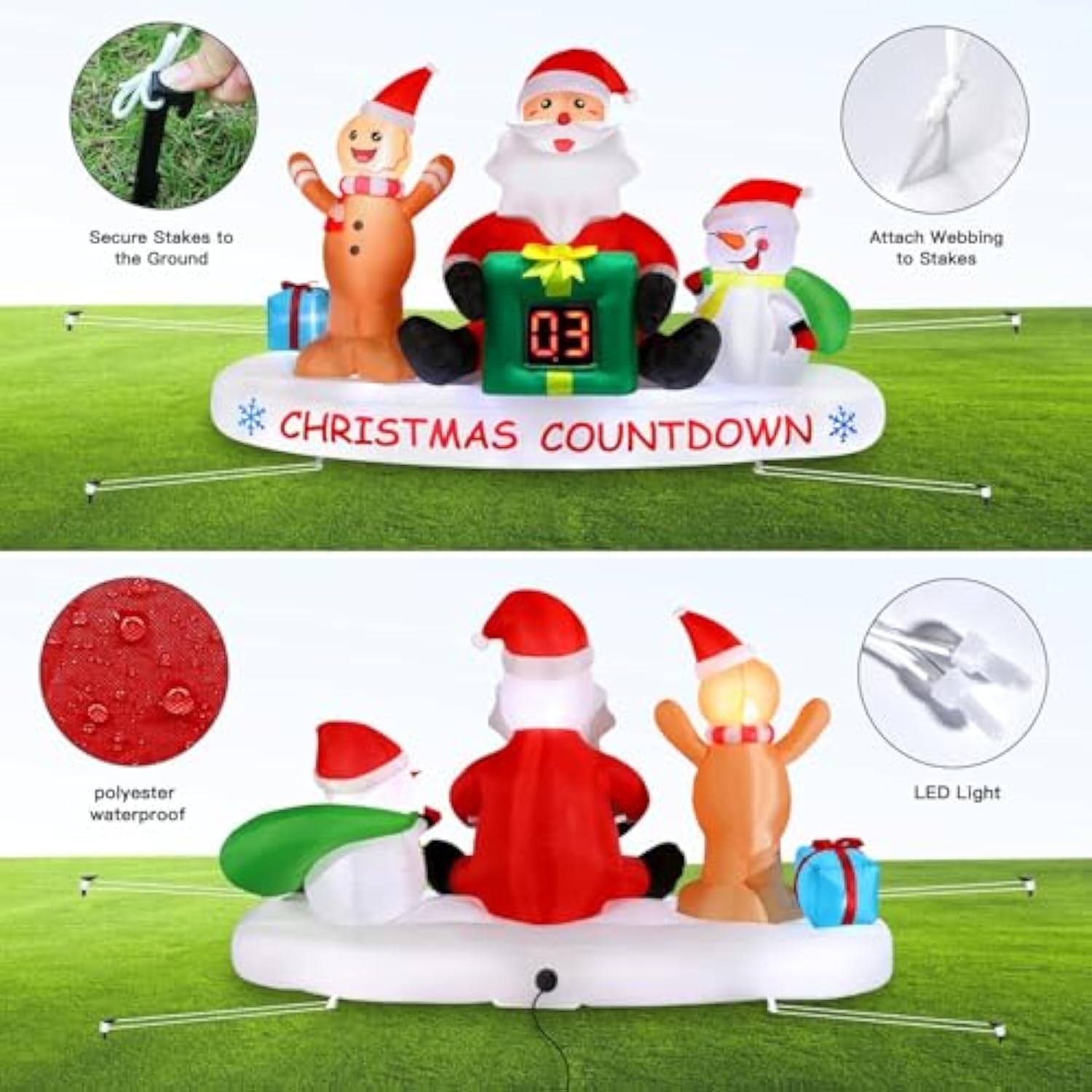10 Ft Christmas Inflatable Outdoor Decorations With Led Christmas Countdown Clock, Snowman Santa And Gingerbread Man, Li