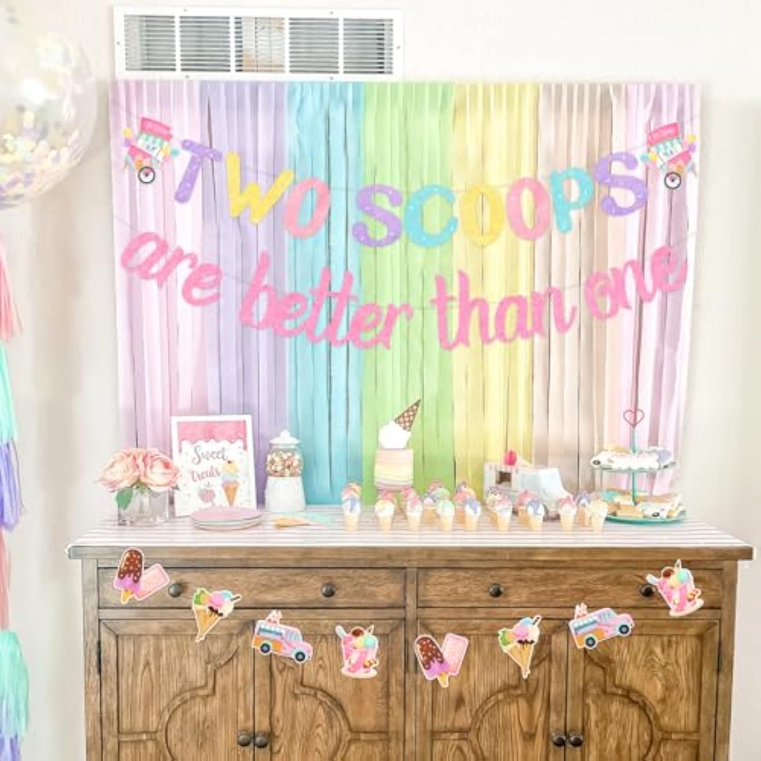 Ice Cream Twin First Birthday Decorations With Two Scoops Are Better Than One Banner And Garland, Summer Ice Cream Themed 1St 2Nd Birthday Party Supplies Pink For Girls