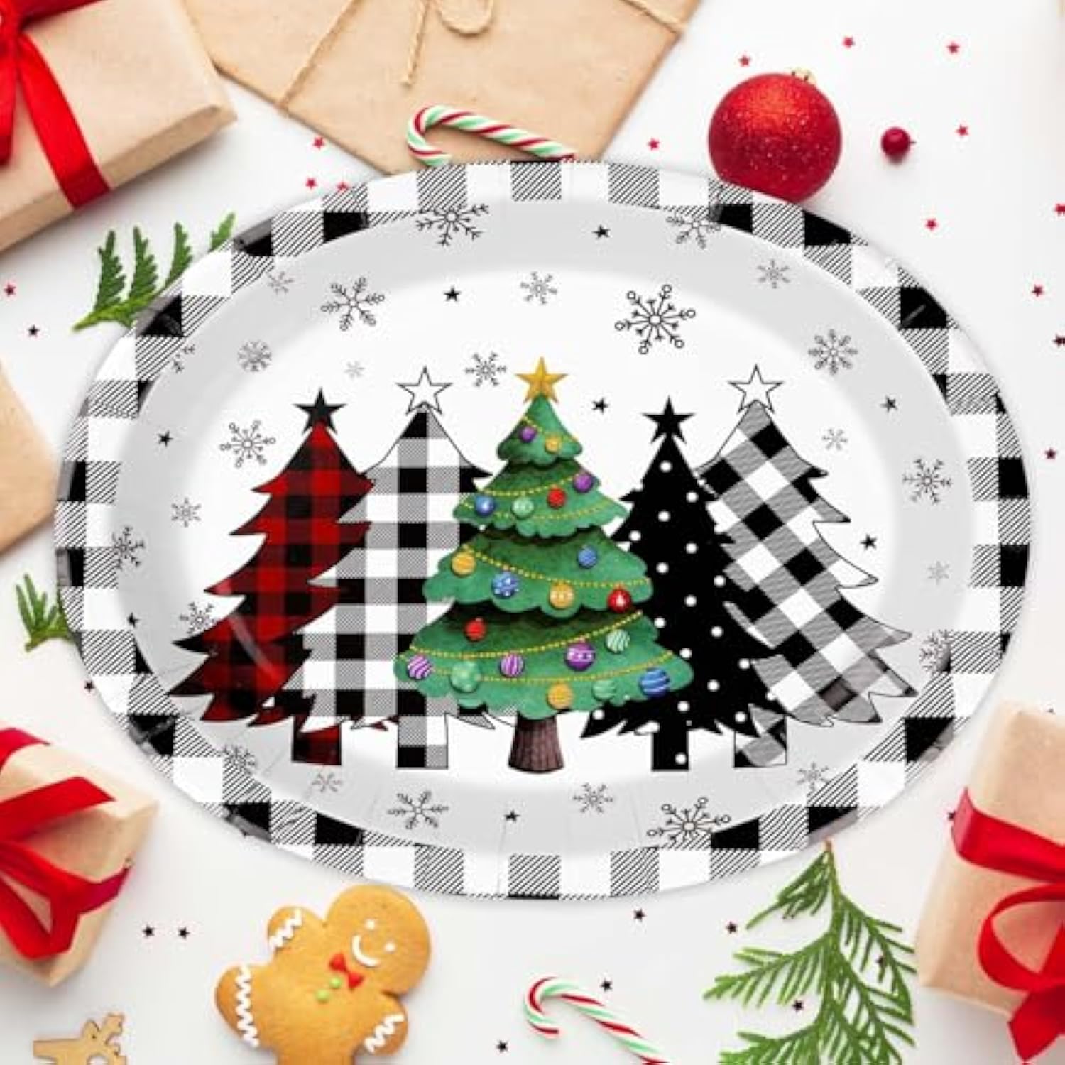 50Pcs Christmas Paper Plates Buffalo Plaid Christmas Trees Disposable Oval Plates 10" X 12" Heavy Duty 400Gsm Black White Buffalo Plaid Christmas Trees Dinner Plates For Merry Christmas Party Holiday