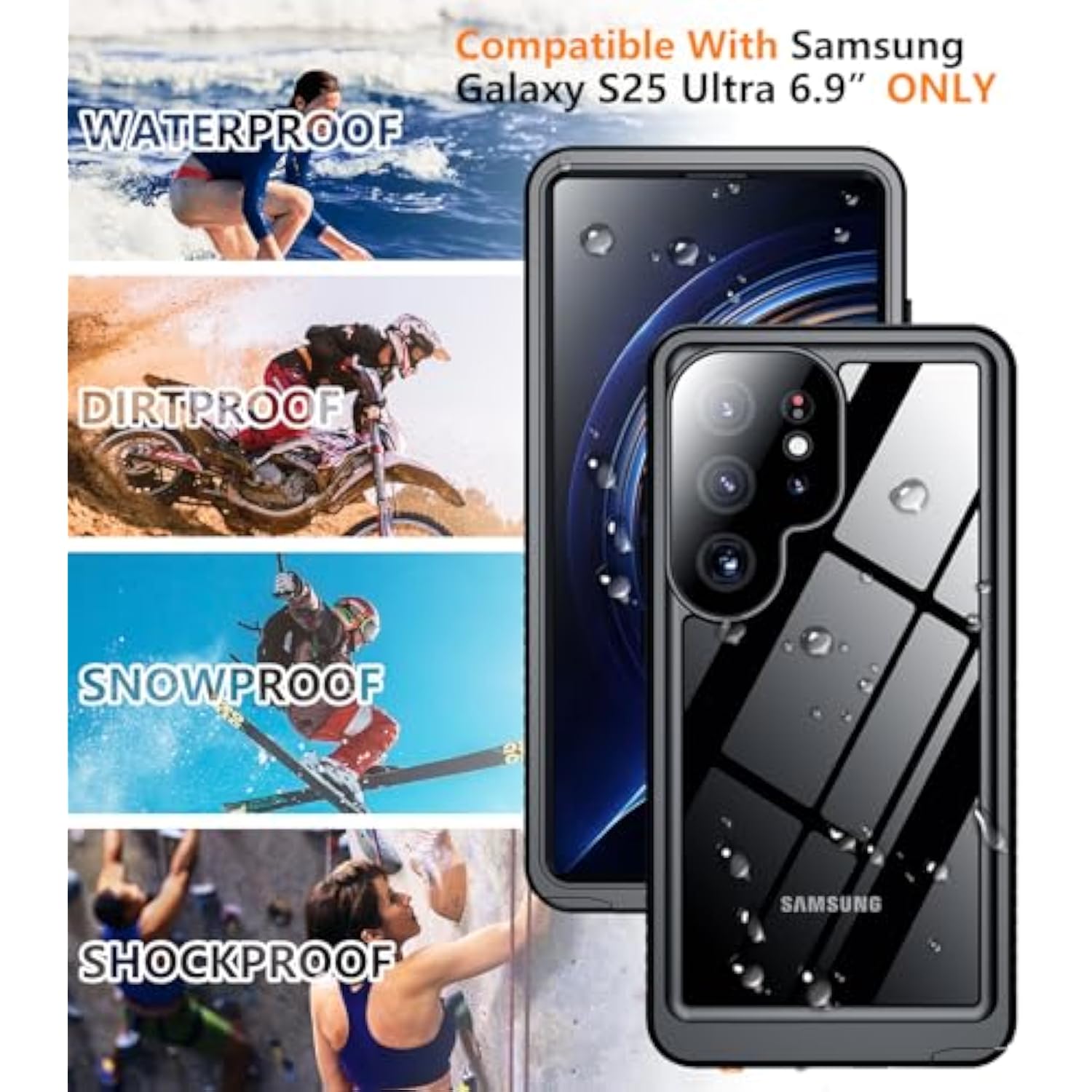 Designed For Samsung Galaxy S25 Ultra Case Waterproof, Built-In Lens & Screen Protector Military Grade Shockproof Dropproof Ip68 Underwater Full Body Phone Case For Galaxy S25 Ultra 6.9"-Black