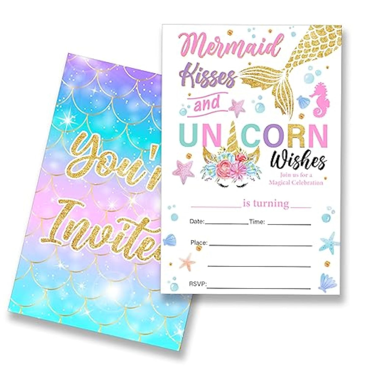 Unicorn Mermaid Birthday Party Invitations Supplies Fill-In Set Of 20 With Envelopes Kisses And Unicorn Wishes Birthday Bash Invites Cards, Double Sided