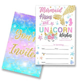 Unicorn Mermaid Birthday Party Invitations Supplies Fill-In Set Of 20 With Envelopes Kisses And Unicorn Wishes Birthday Bash Invites Cards, Double Sided