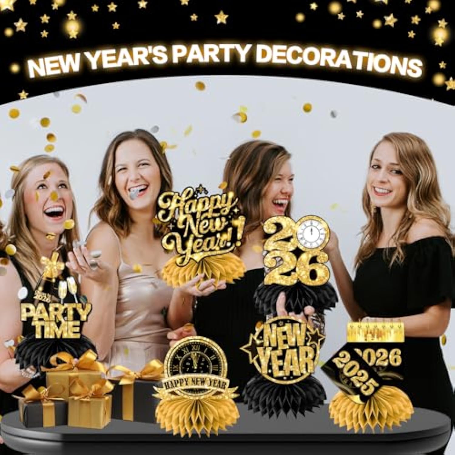 9-Pack Black and Gold Honeycomb New Year 2026 Table Centerpieces