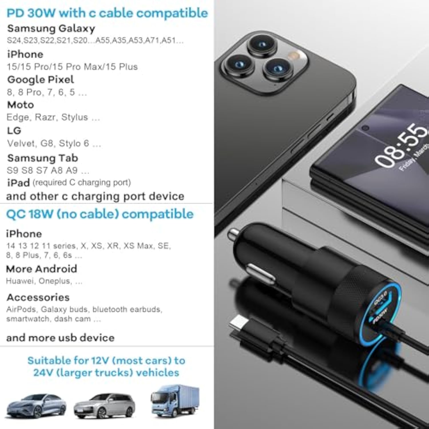30W Usb C Fast Car Charger For Samsung Galaxy Z Fold 6 5 4 3 Flip 6 5 4 3 S24 S23 S22 S21 S20+ S10E Ultra Fe Plus 5G, Note 20 10, A55 A35 A25 A15 A14 A30 A05S A04S A03S A53 A54 A73, Type C 3Ft Cable