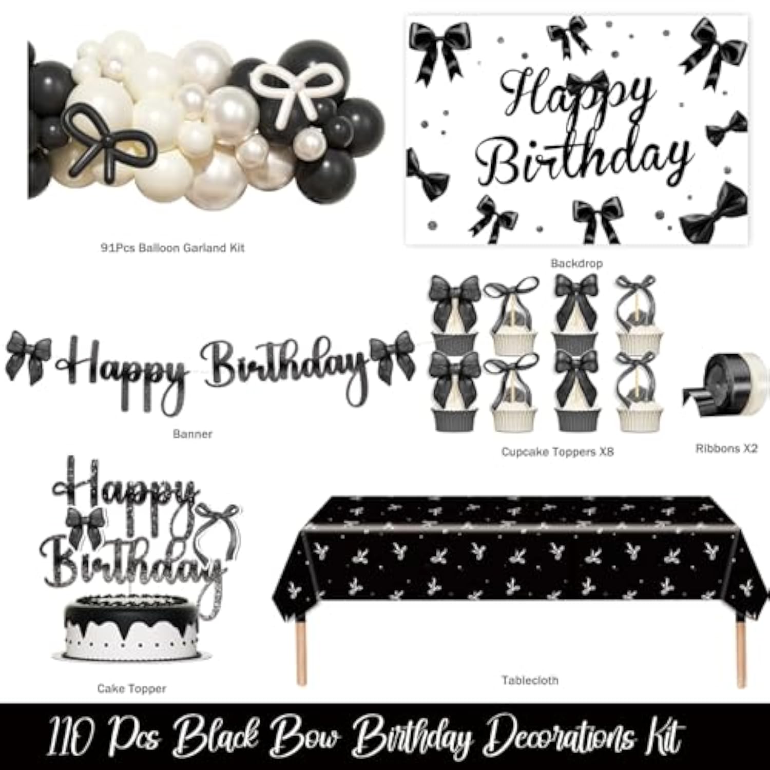 Black Bow Birthday Decorations – 110 Pcs Black Bow Themed Party Supplies With Backdrop, Tablecloth, Cake Topper, Banner, Cupcake Toppers, Ribbons, Balloon Garland