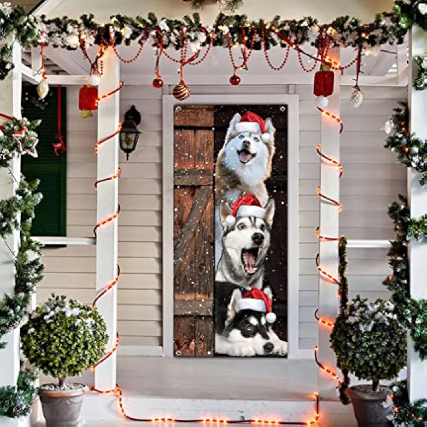 Funny Merry Christmas Dogs Door Banner - Santa Husky Dogs Decoration Xmas Party Supplies Photography Background New Year Sign
