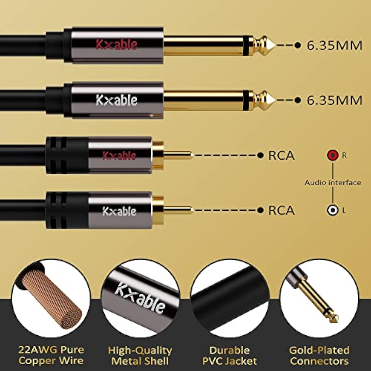 Rca To 1/4 Cable 4 Feet, Dual 1/4 Inch Ts To Double Rca Stereo Audio Interconn