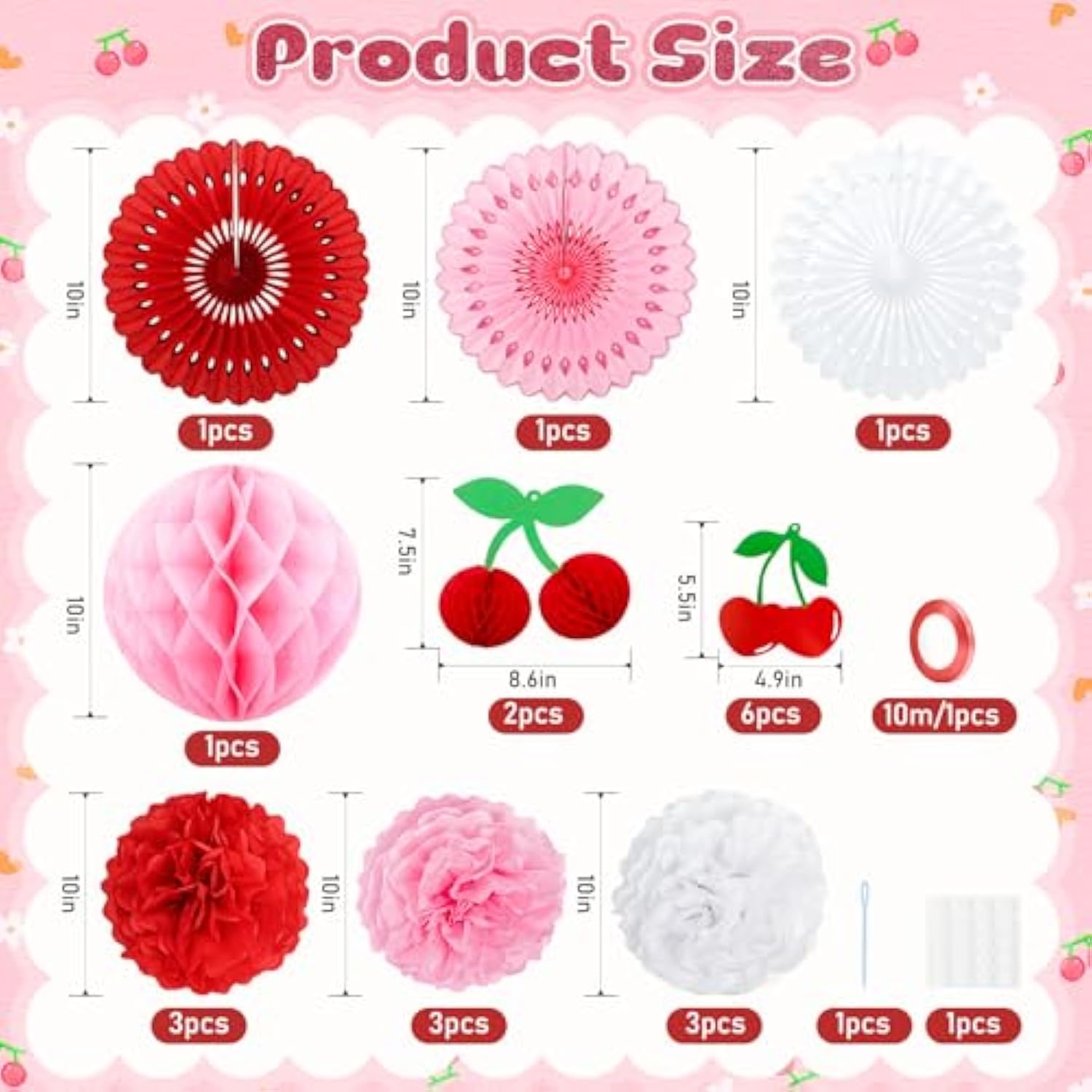 Cherry Party Decorations Hanging Paper Honeycomb Cherry Themed Party Decorations With Paper Pom Poms Honeycomb Balls,Party Supplies For Baby Shower Birthday Party Wedding