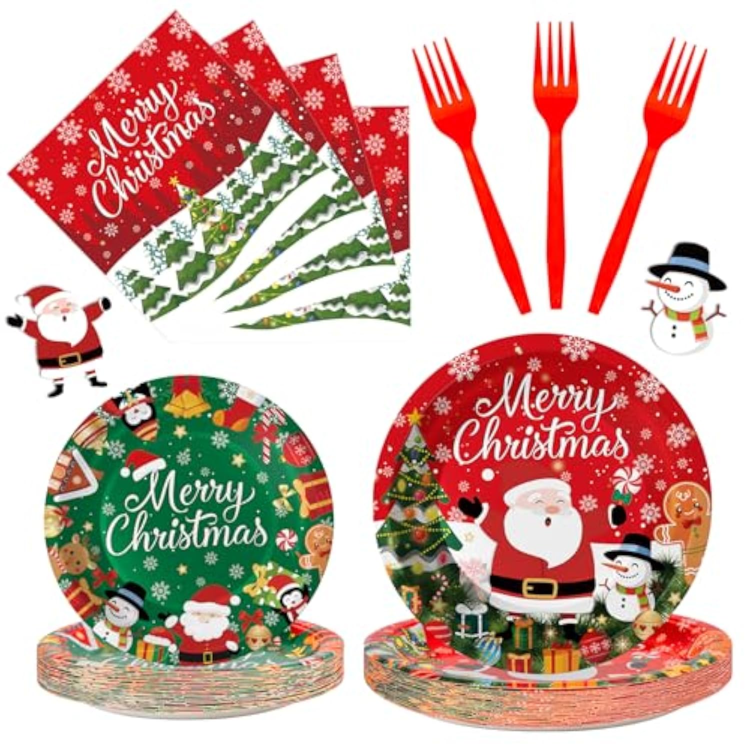 100 Pcs Merry Christmas Plates And Napkins Sets - Cute Winter Christmas Round Tableware, Disposable Chrismas Paper Plates And Napkins Forks For Xmas Party Supplies Favors Table Decor, Serves 25