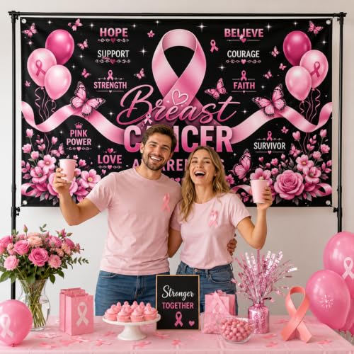 Breast Cancer Awareness Backdrop Banner October Pink Ribbon Decorations for Home Office We Wear Pink Breast Cancer Awareness Party Decorations Photo Booth Props 70.8 x 43.3 Inch