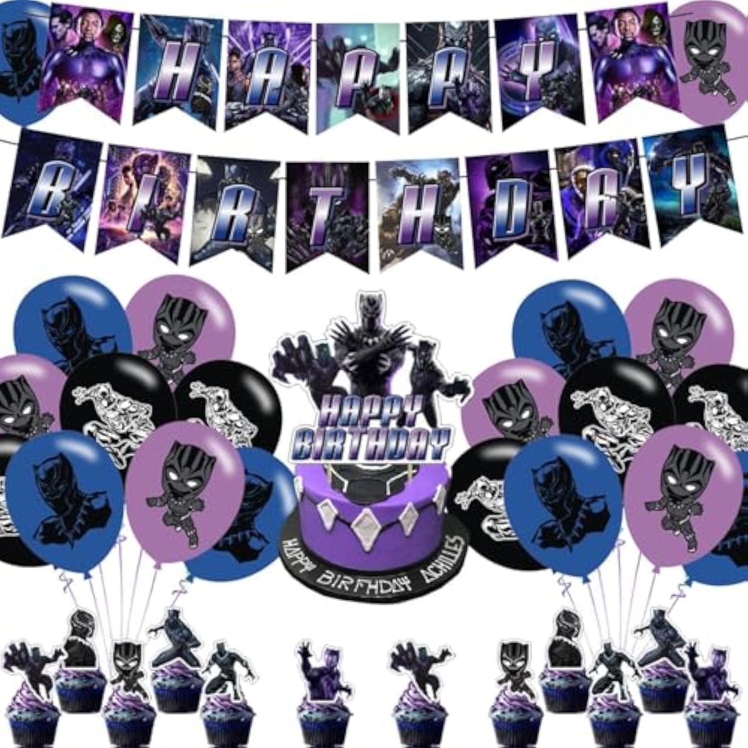 Panther Of Black Birthday Party Supplies - Includes Banner, Cake Topper, 12 Cupcake Toppers, 18 Balloons