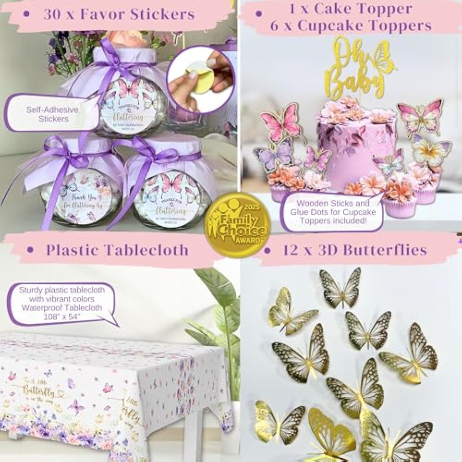 195 Pc Butterfly Baby Shower Decorations For Girl With Pink And Purple Butterfly Balloon Arch Kit, Baby Girl Boxes, Backdrop, Tablecloth, Sash, Cake And Cupcake Toppers, Crown And More