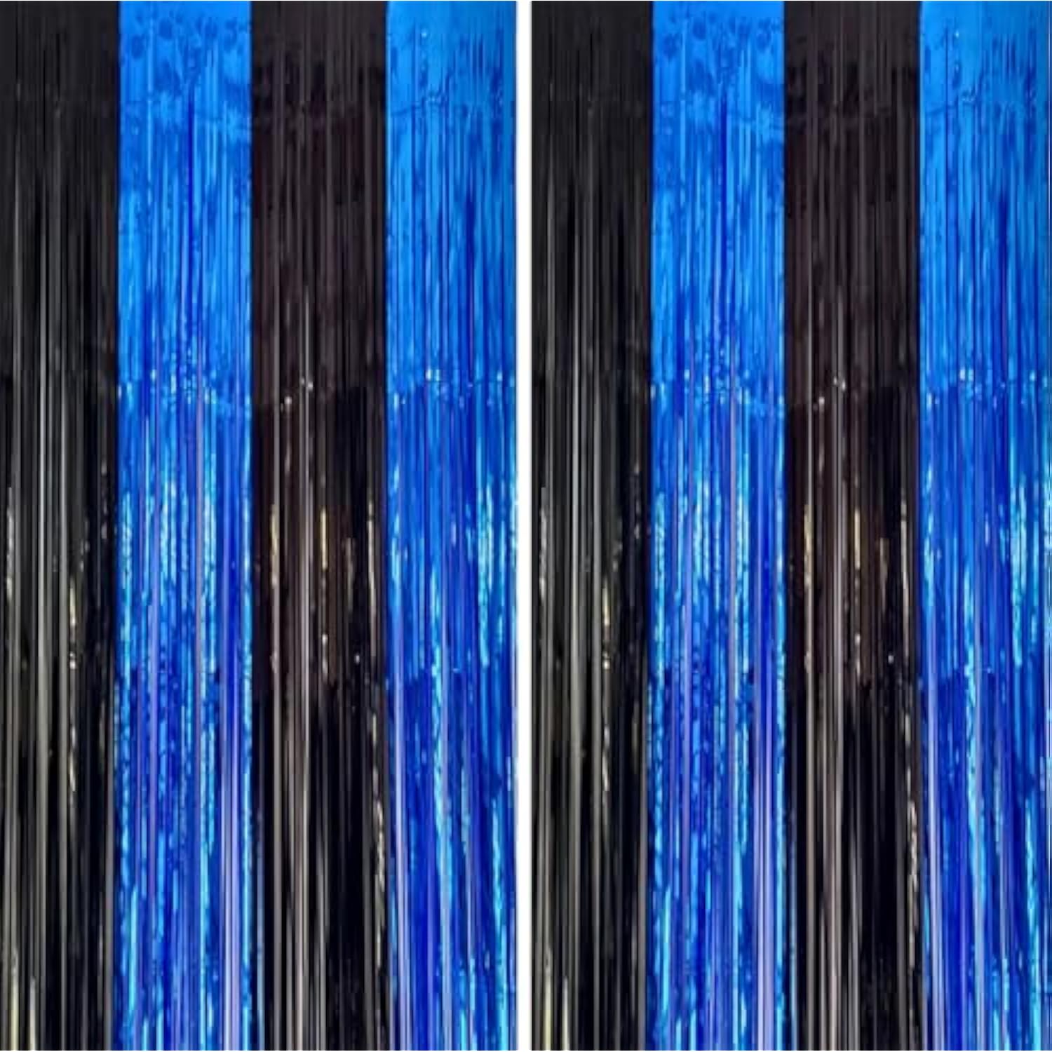 2 Pack 3.3x6.6ft Black & Blue Metallic Tinsel Backdrop Curtains for Parties & Events