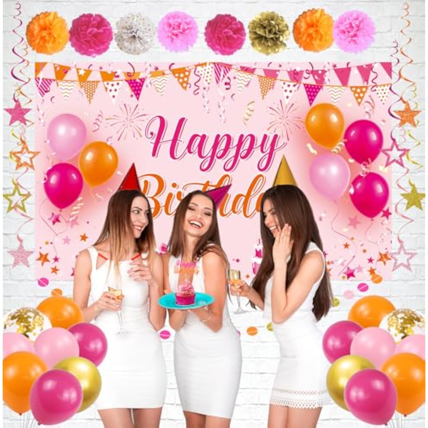 Pink & Orange Birthday Décor Set with Banner, Balloons & Party Accessories