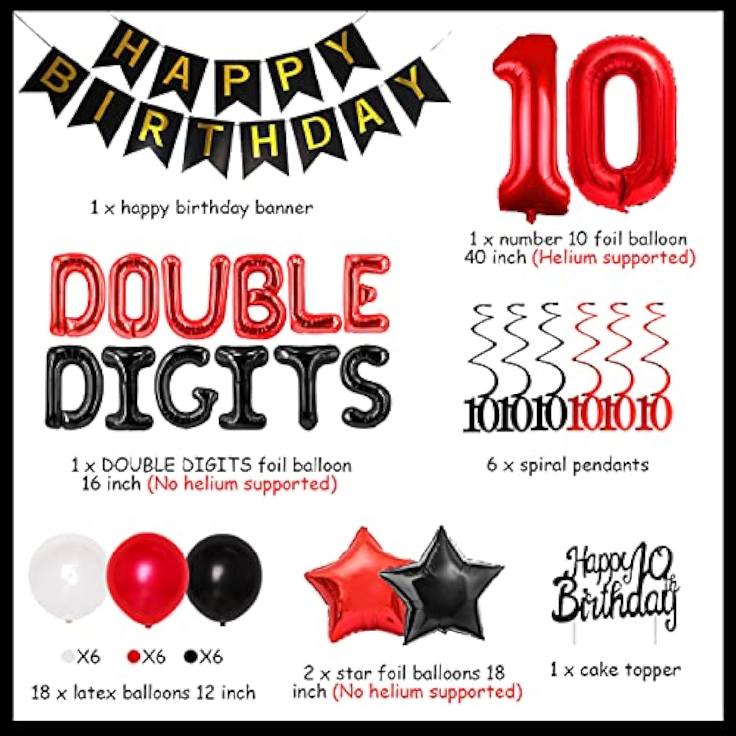 10Th Birthday Decorations For Boys Red And Black Double Digits Birthda