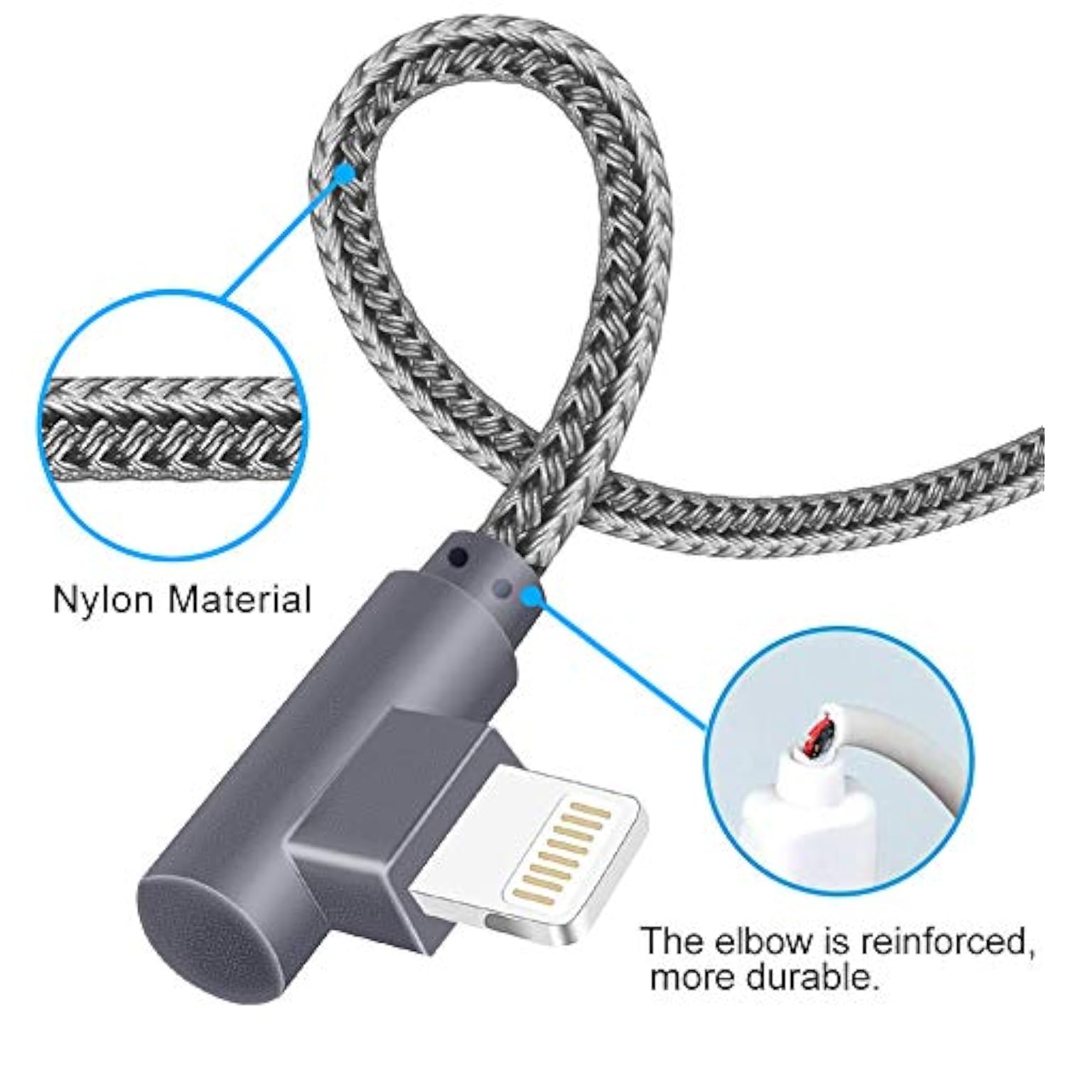 Mfi Certified Lightning Iphone Charger Cord 90 Degree Fast Data Cable Nylon Braided Compatible With Iphone Xs Max/Xs/Xr/7/7Plus/X/8/8Plus/6S/6S Plus/Se (Gray, 10Ft)