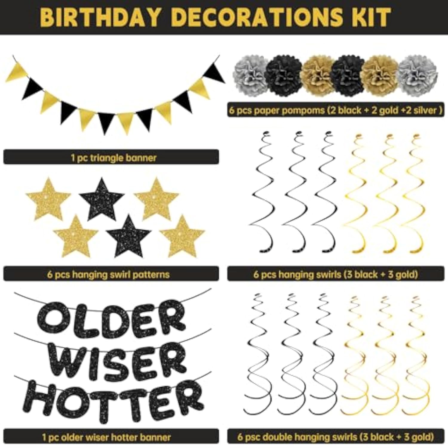 Older Wiser Hotter Triangle Flag Birthday Banner Decorations Kit- Black Gold Glitter Birthday Decors For Men Women 30Th 40Th 50Th 60Th 70Th 80Th Paper Pompoms, Hanging Swirls Party Supplies