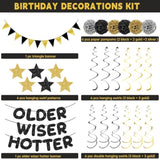 Older Wiser Hotter Triangle Flag Birthday Banner Decorations Kit- Black Gold Glitter Birthday Decors For Men Women 30Th 40Th 50Th 60Th 70Th 80Th Paper Pompoms, Hanging Swirls Party Supplies