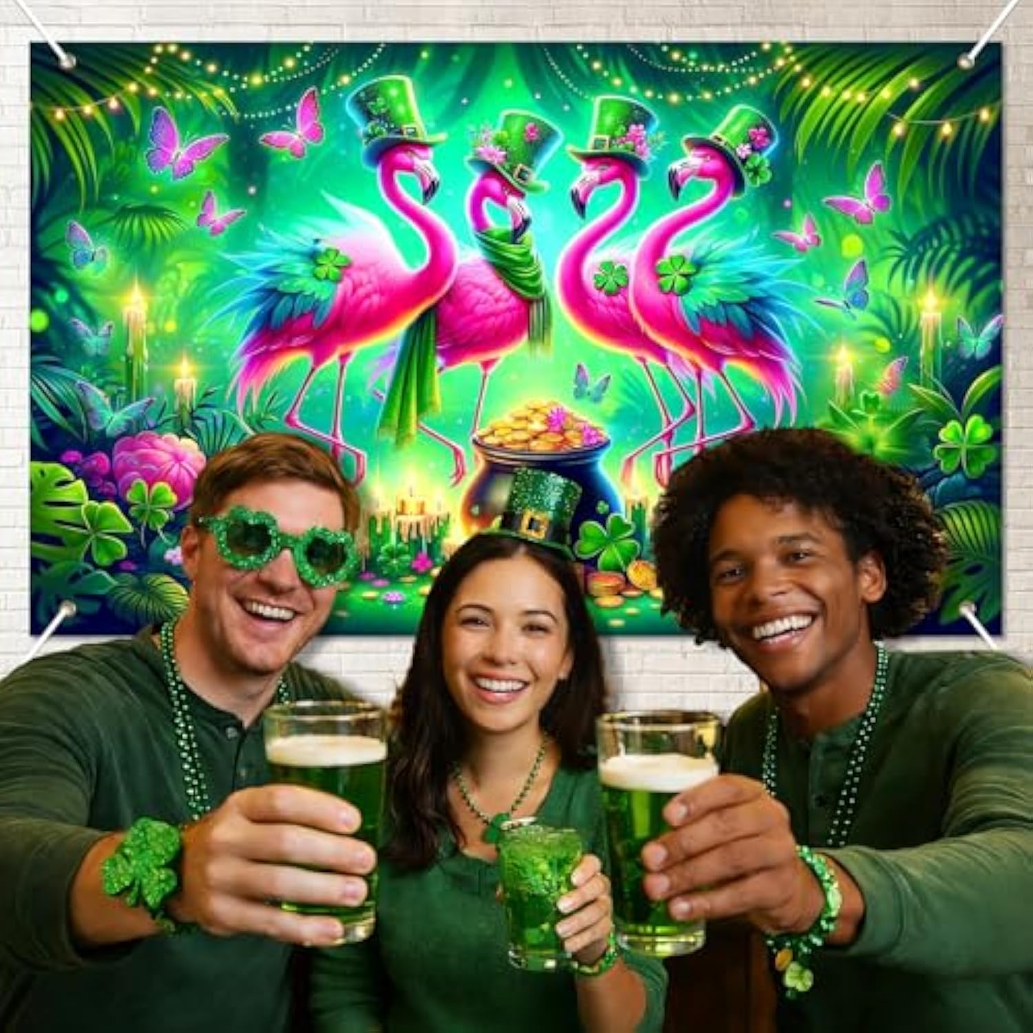 St. Patrick'S Day Banner 71X43 Inch Green Party Banner Backdrop With Pink Flamingos Clover Hats Gold Coins Butterflies And Jungle Style Scene For St. Patrick'S Decoration Photo Background