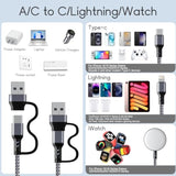 3-In-1 Usb C Travel Charging Cable For Apple Watch, Iphone, Lightning Devices, Multi Device Charger Cord For Office, Camping
