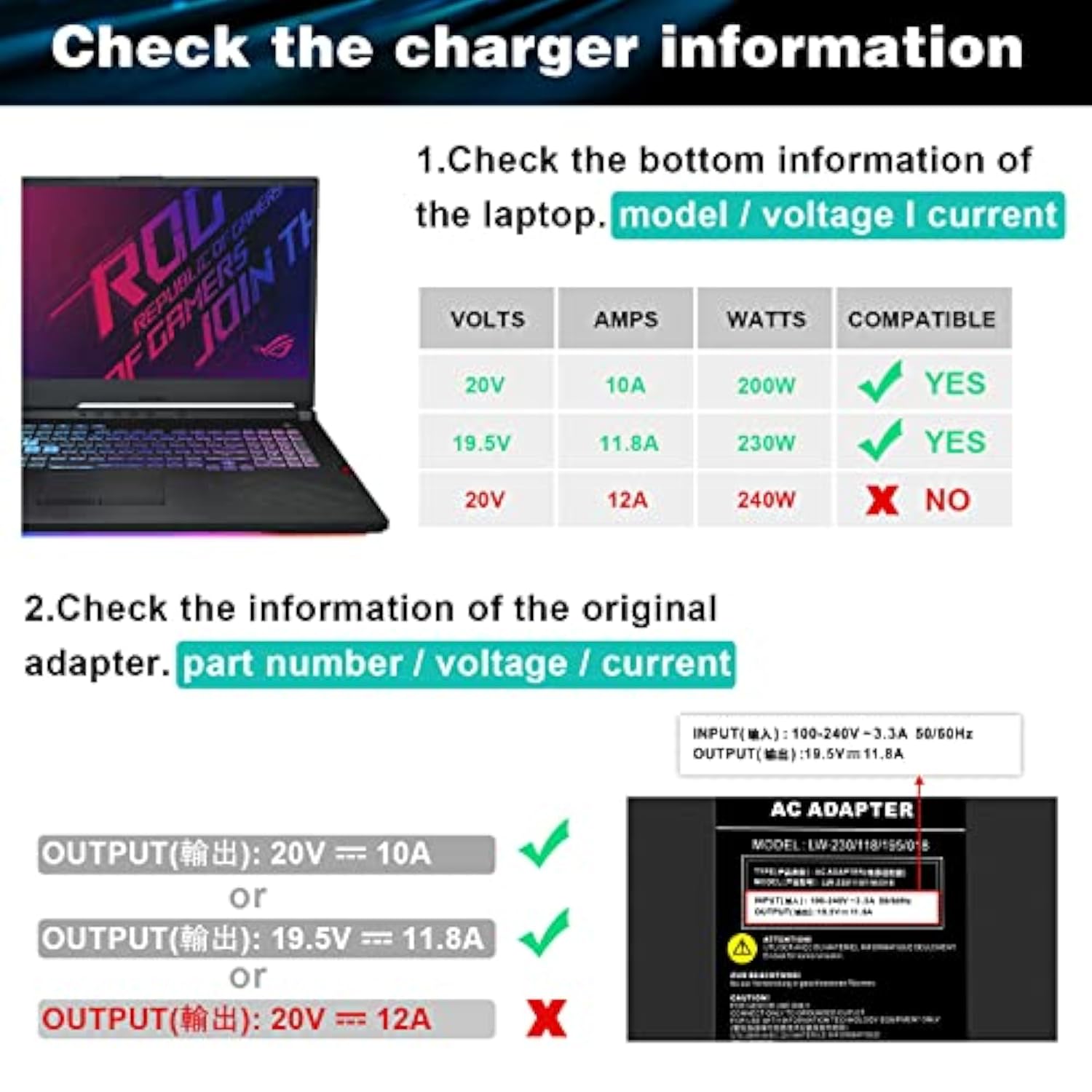 19.5 V 11.8A 230W Laptop Charger, Power Supply For Asus Adp-230Gb B Rog Fx95G