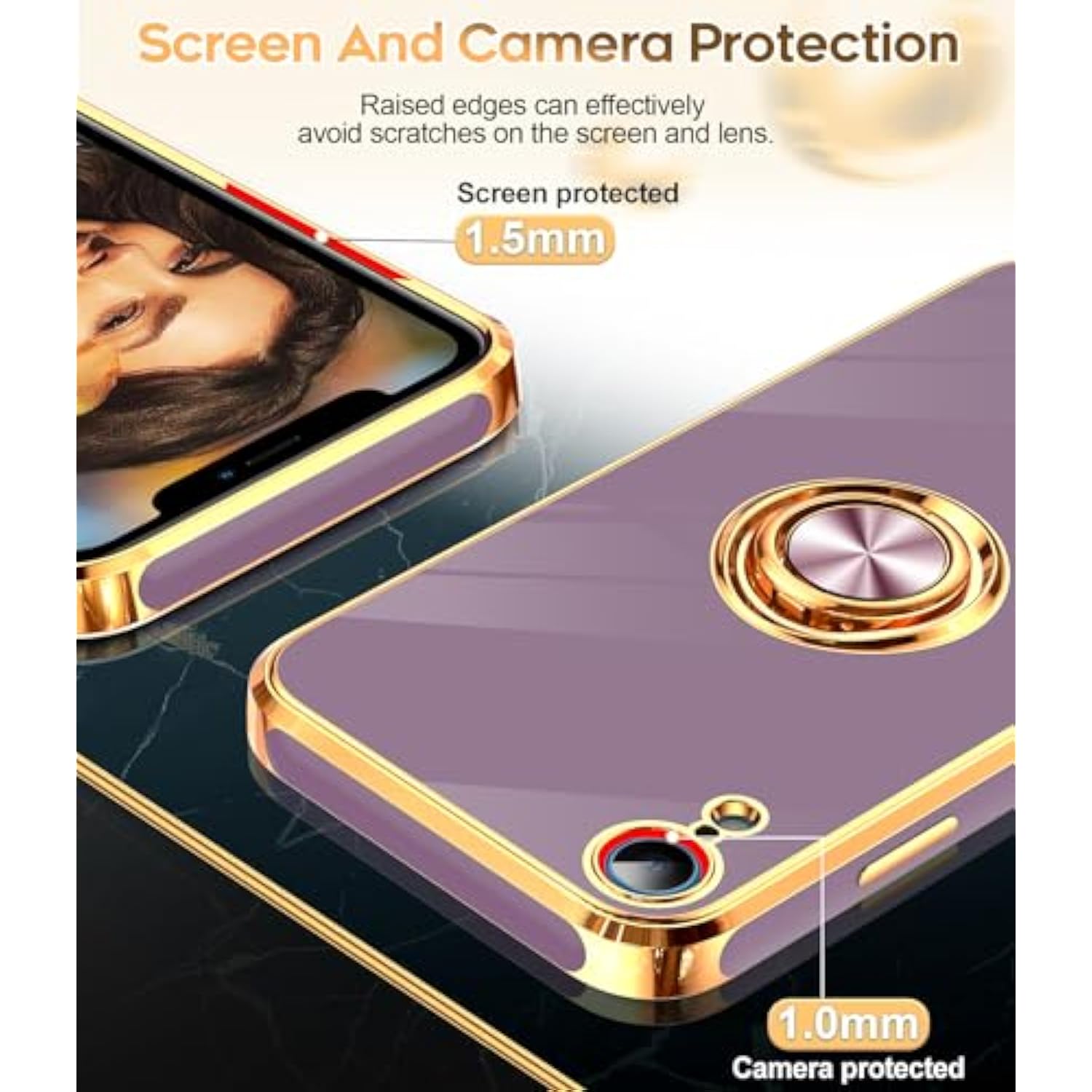 For Iphone Xr Case: With Tempered Glass Screen Protector [2 Pack] 360° Rotatable Ring Holder Magnetic Kickstand, Plating Rose Gold Edge For Iphone 10 Xr Case, Purple